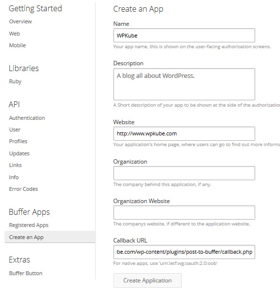 WordPress to Buffer application page