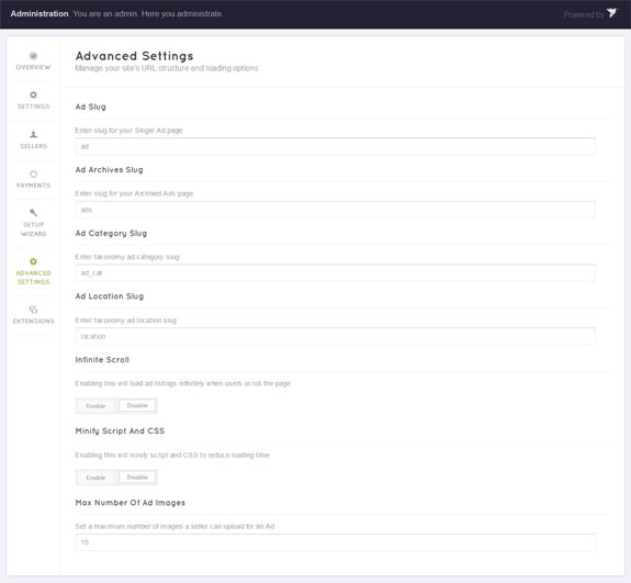 ClasiifiedEngine Advanced Settings page