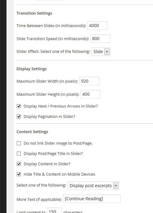 Transition, display, and content settings