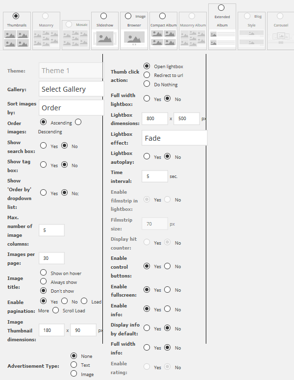 Photo Gallery - Shortcode Configuration