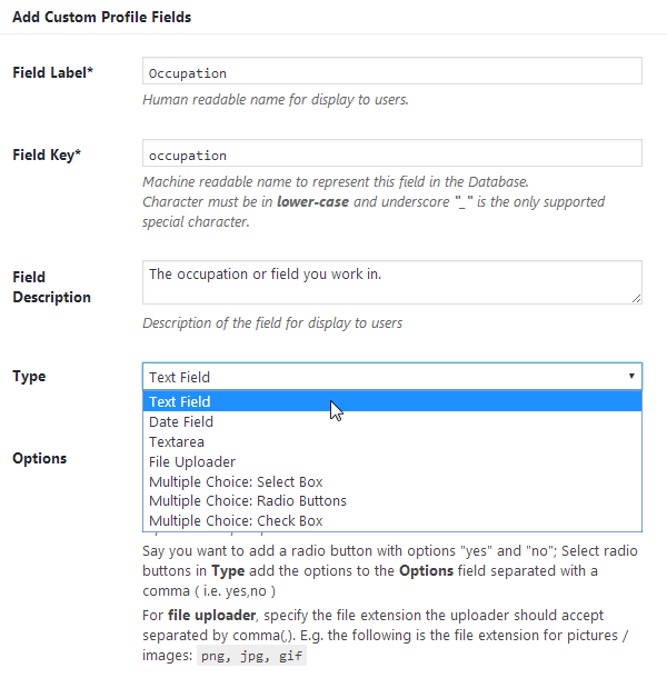 ProfilePress - New Custom Profile Field