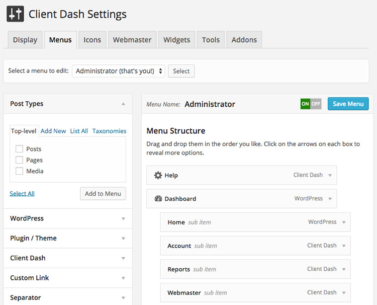 client dash wp plugin