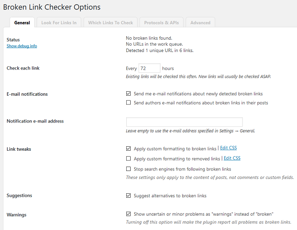 Broken Link Checker WordPress Plugin - General Settings