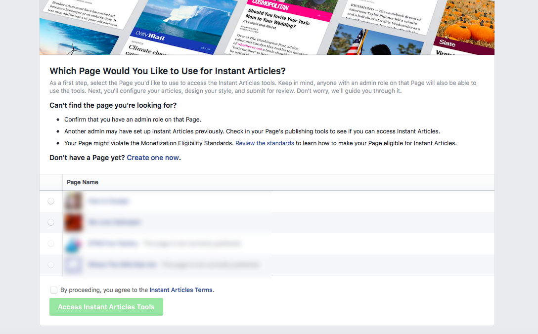 instant articles - choose facebook page