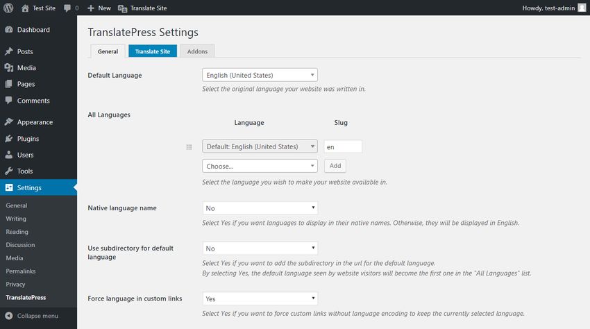 TranslatePress settings