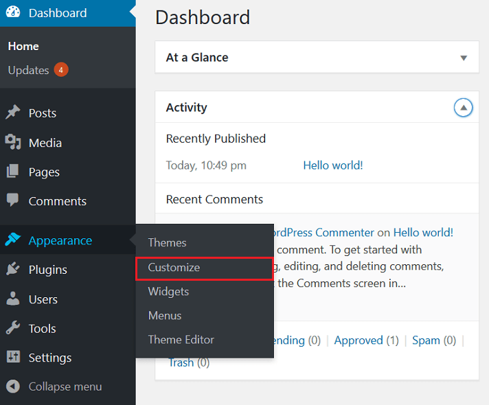 wp dashboard, appearance