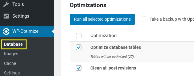 The optimization settings page on the WP-Optimize WordPress plugin.