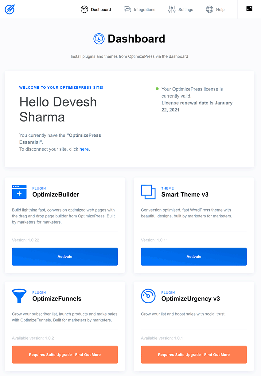 OptimizePress Dashboard