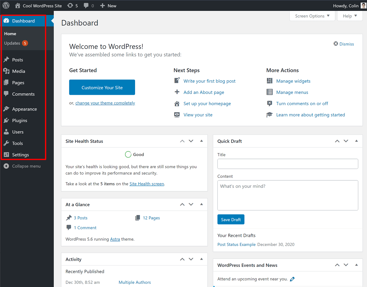 WordPress dashboard