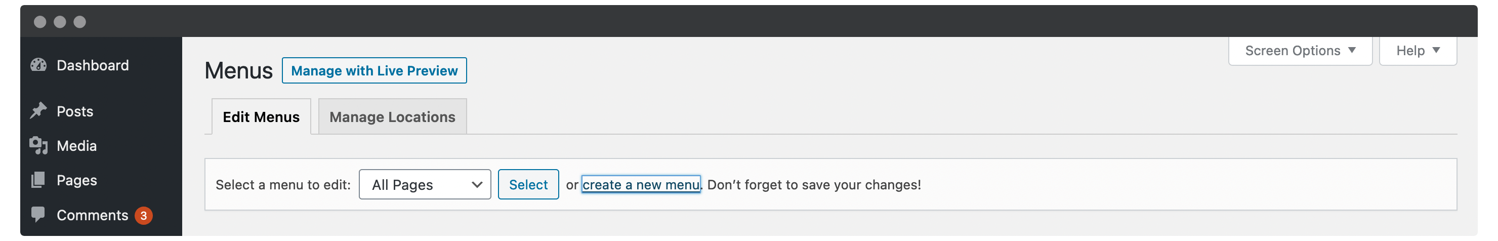 The Create a new menu link within WordPress.