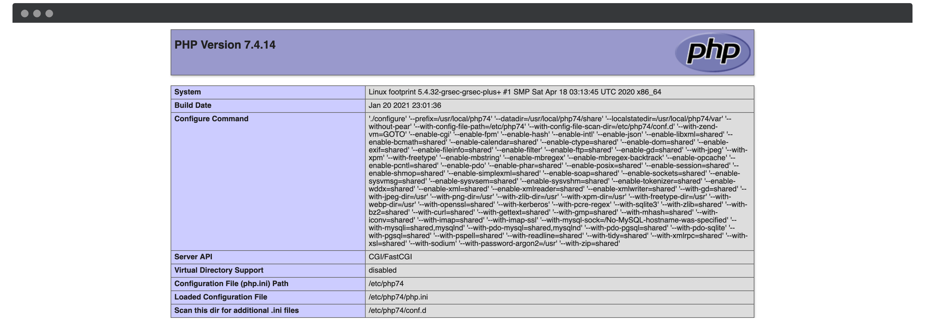 The PHP diagnostics page.