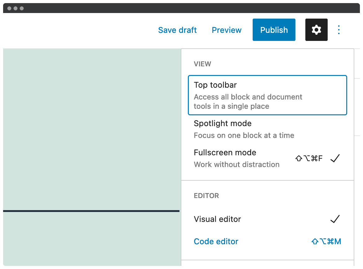 Choosing the Code editor in WordPress.