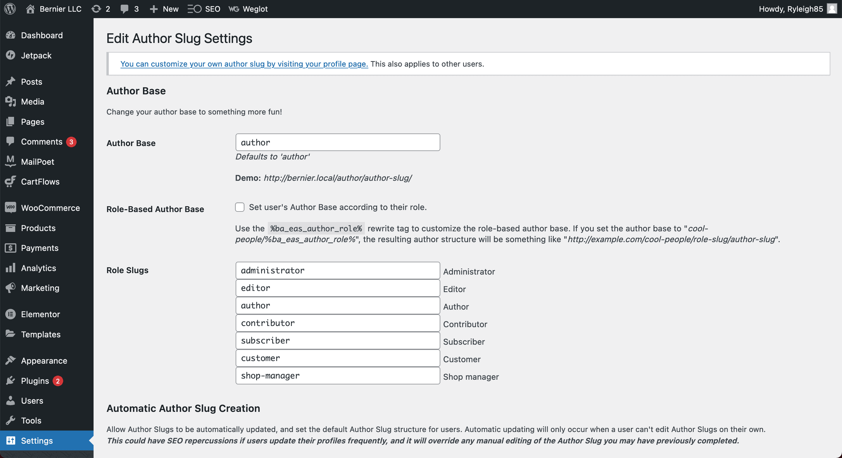 The Edit Author Slug settings screen.