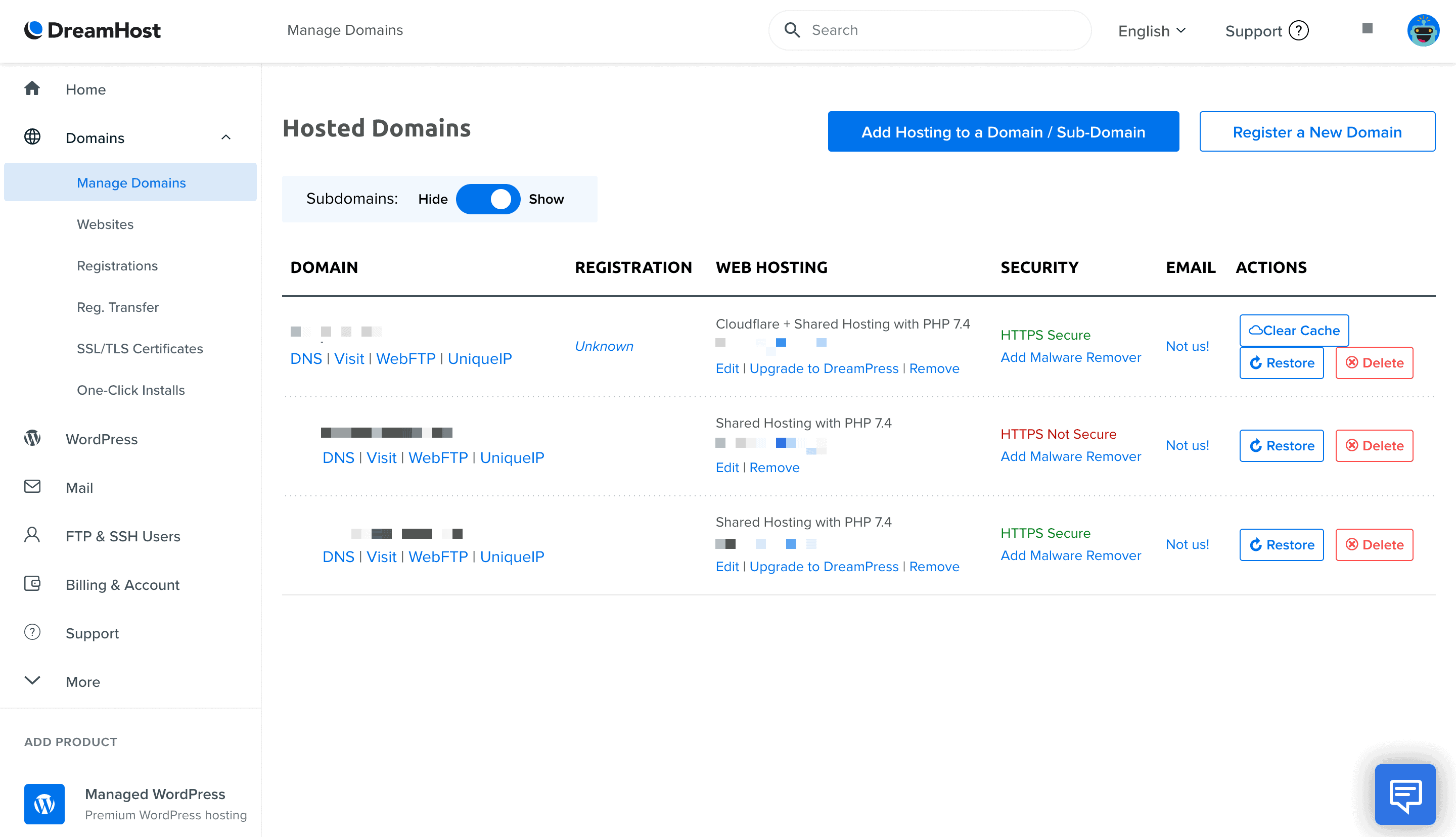 The DreamHost dashboard.