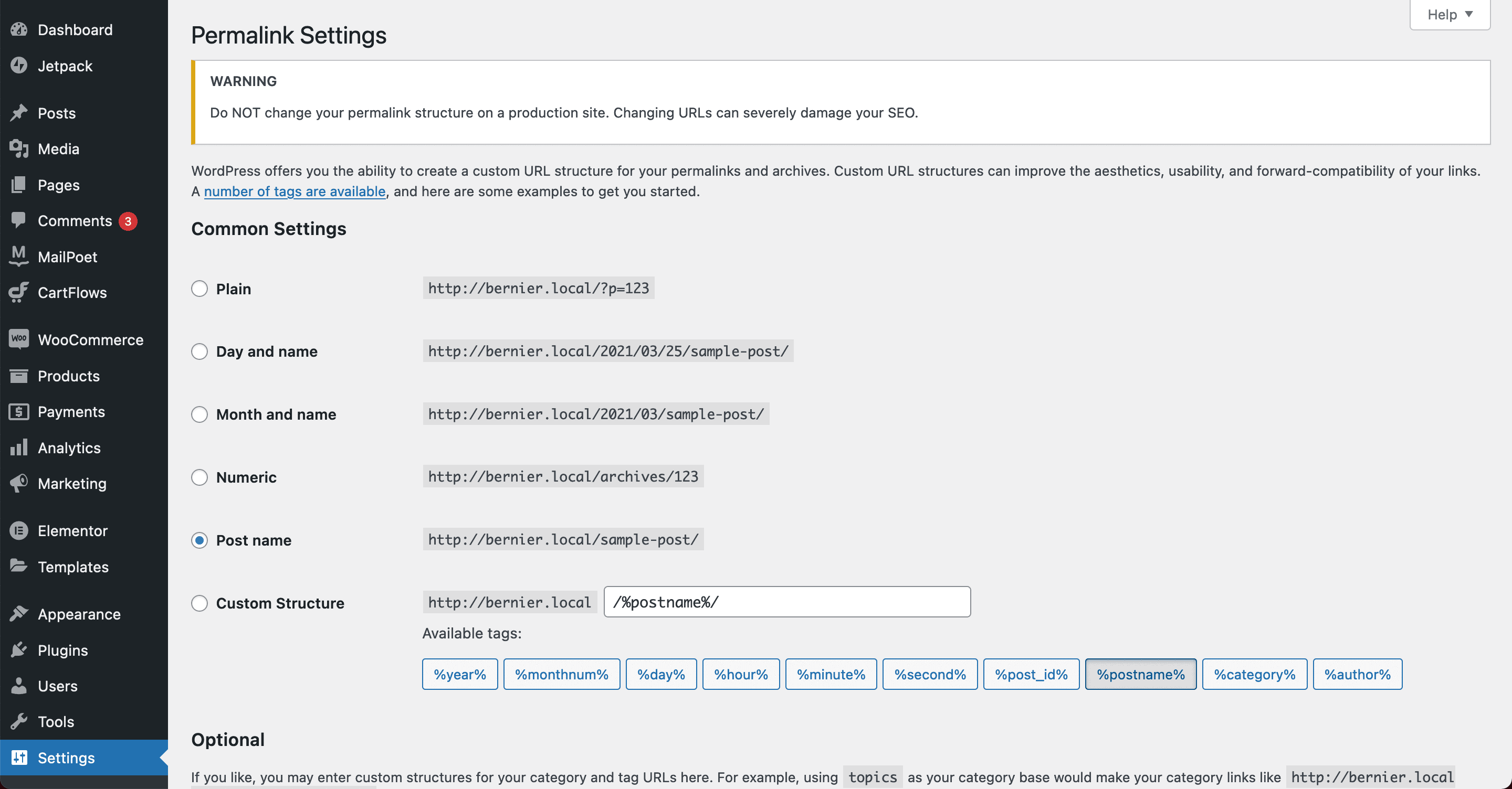 The Permalink settings screen.