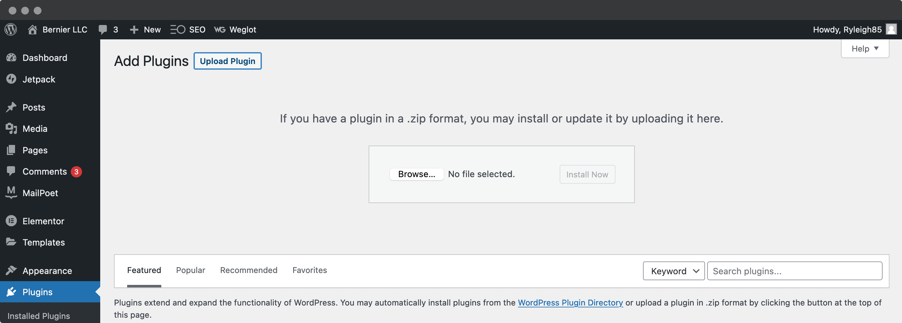 Uploading a plugin in WordPress.