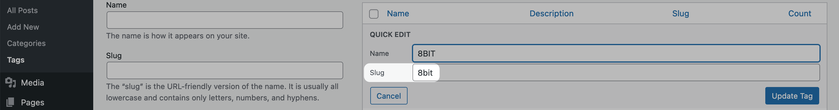 The Slug field for categories and tags.