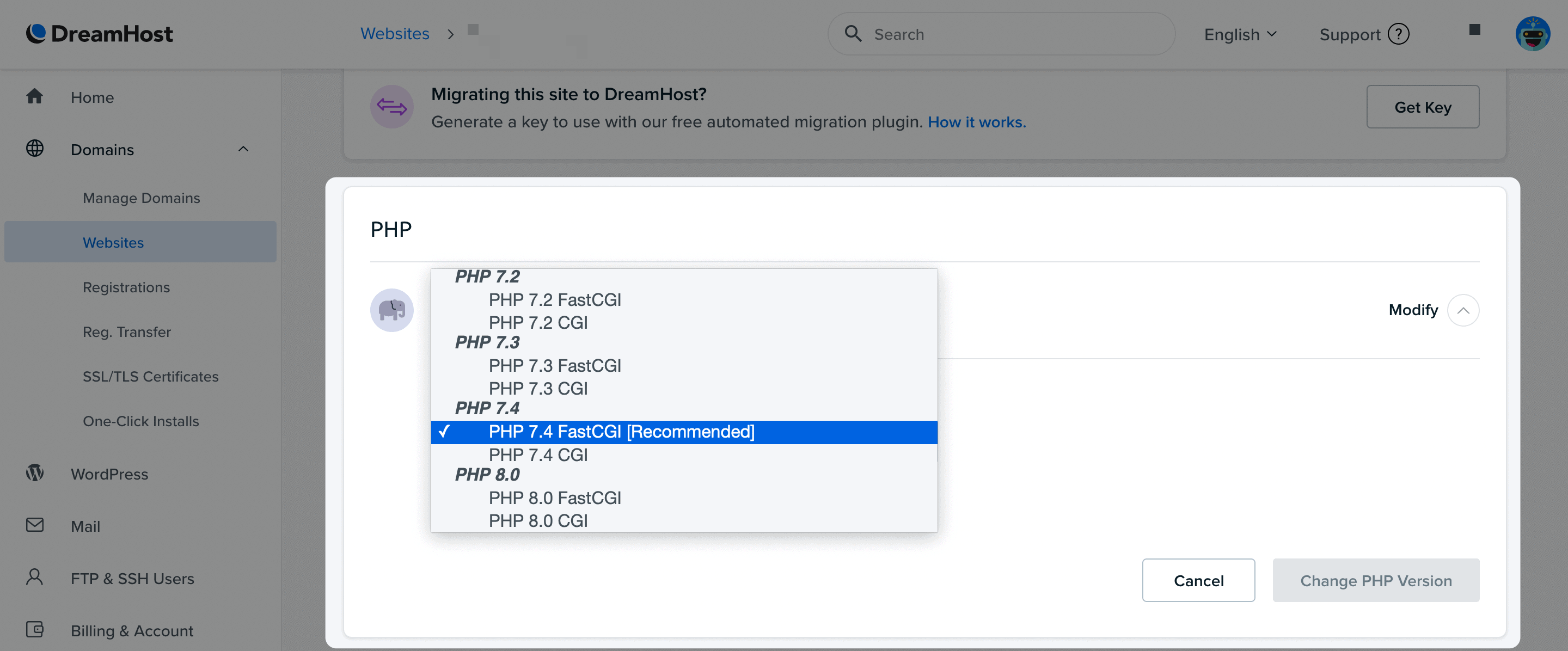 Choosing a new PHP version within DreamHost.