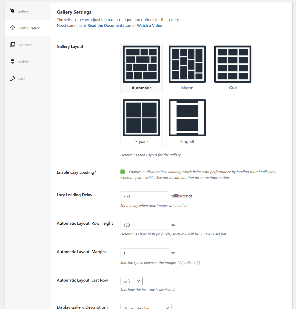 Gallery configuration