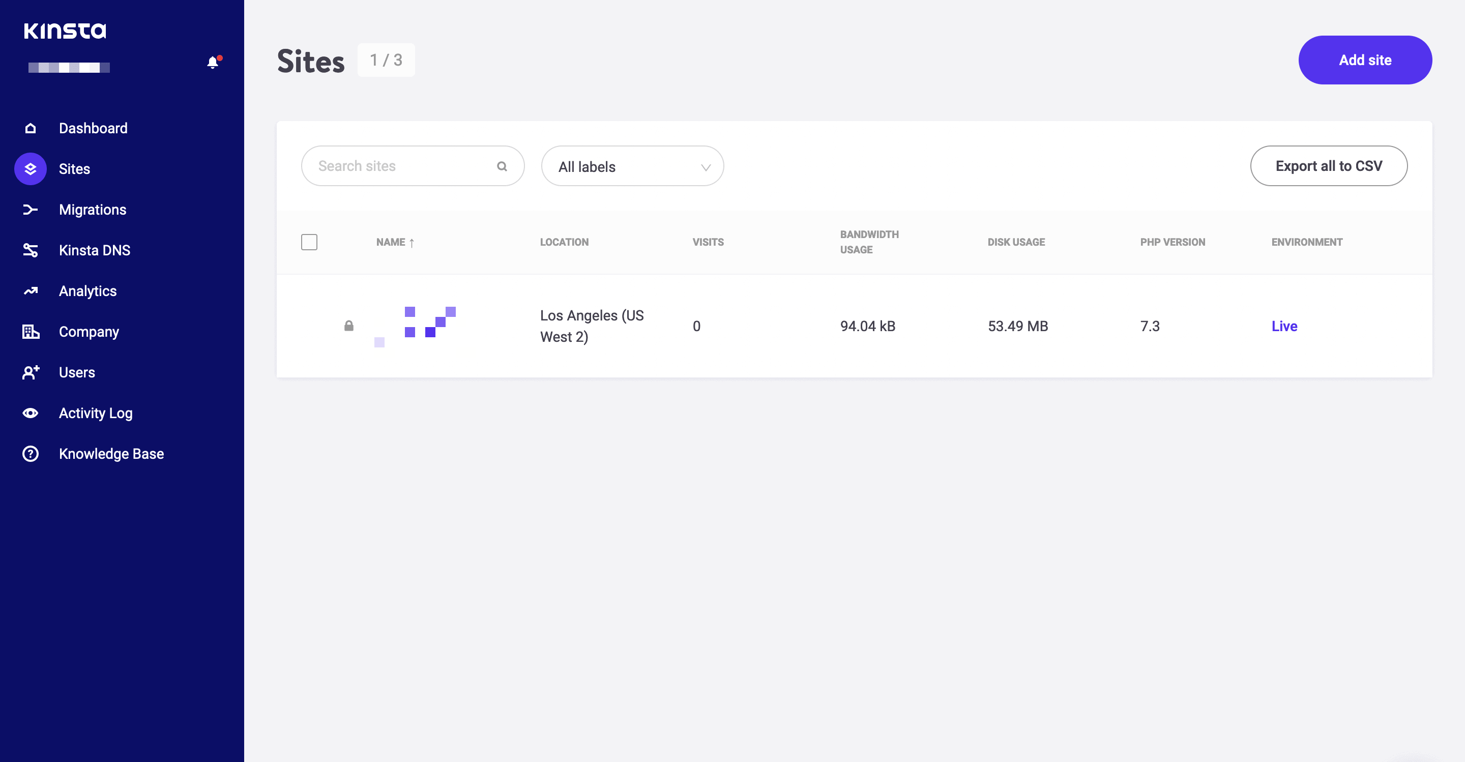 Kinsta's Sites screen.