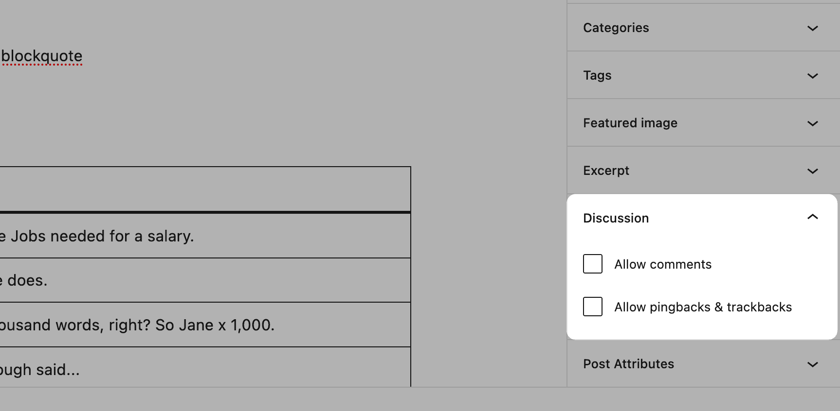 The Discussion Settings within the Block Editor.