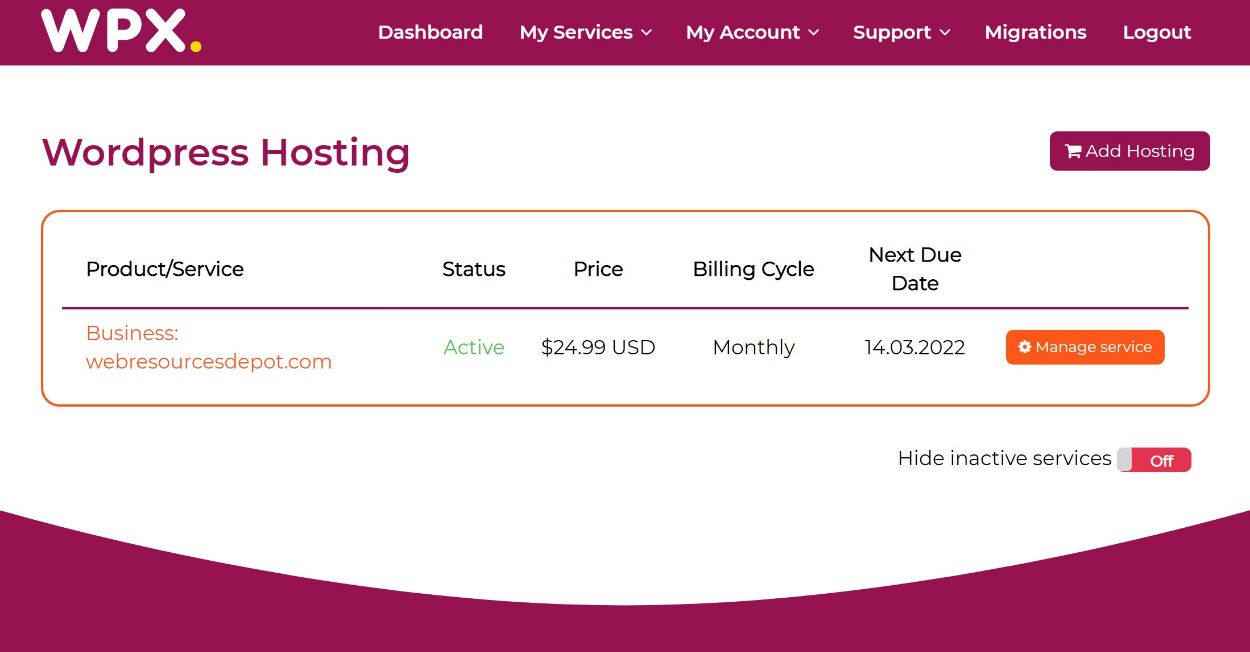 WPX Hosting dashboard