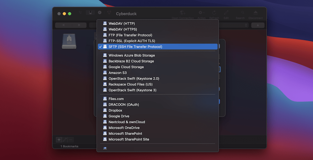 Choosing SFTP as the protocol.