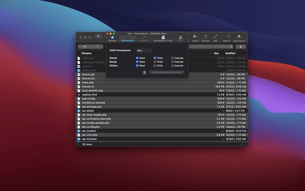 Changing file permissions using SFTP.