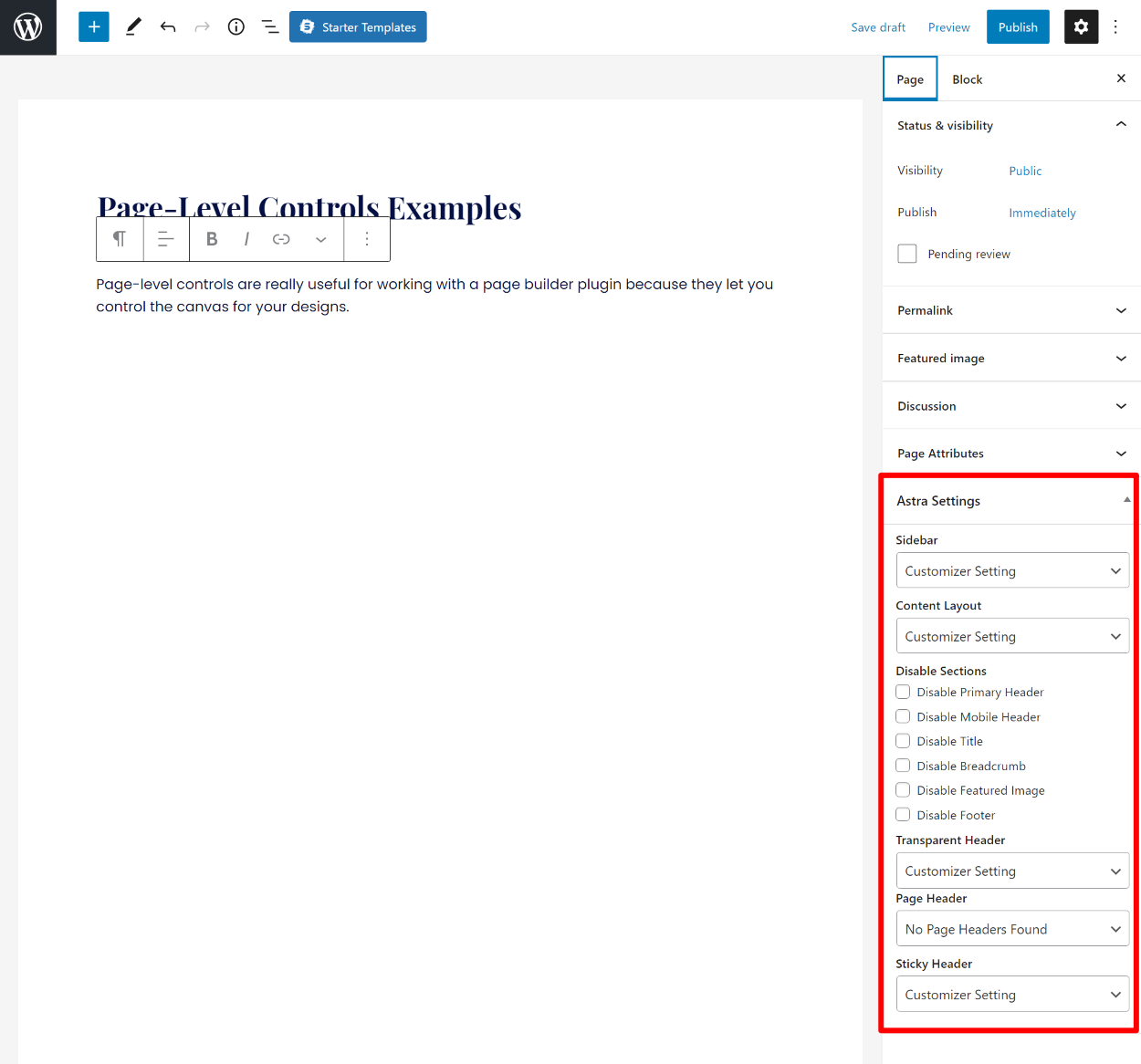 Astra page-level controls