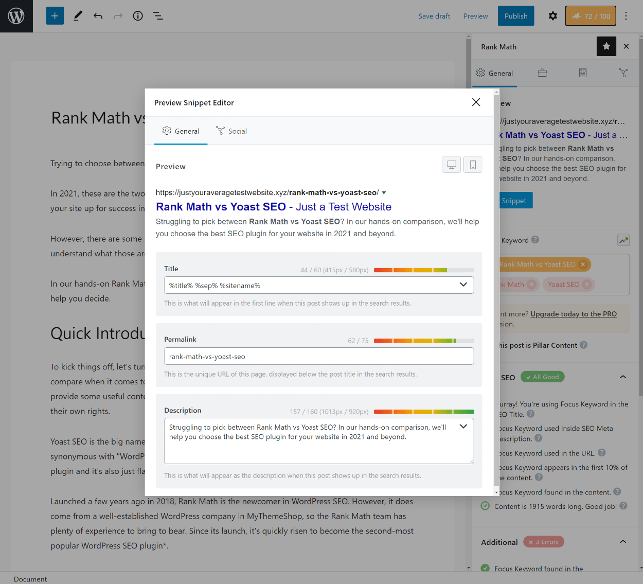 Rank Math snippet editor