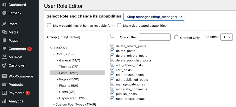 The Shop Manager capabilities list.