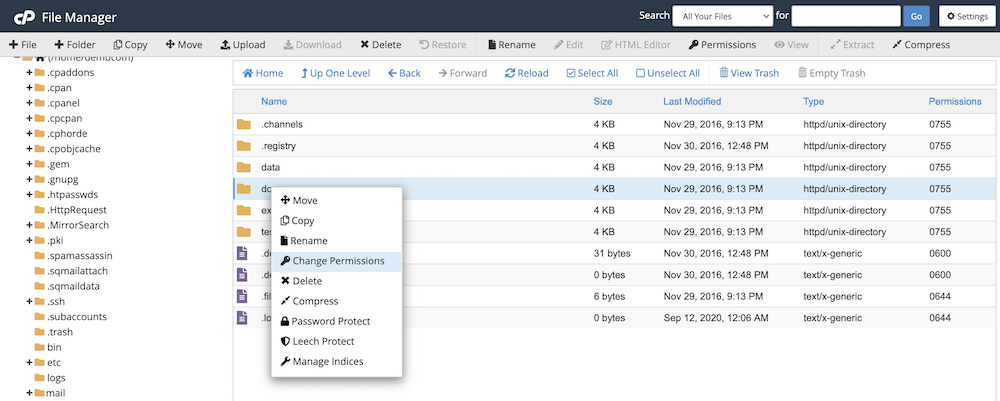 The Change Permissions link within cPanel.