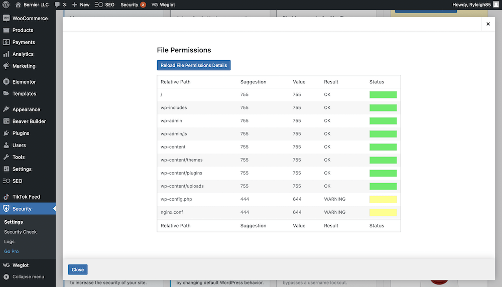 A list of file permissions within WordPress.