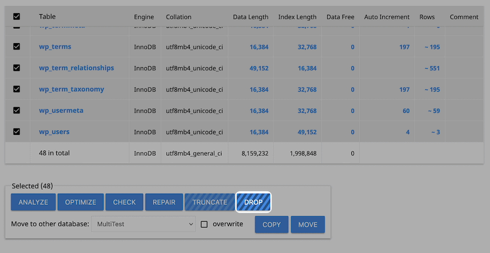 The Drop Tables button.