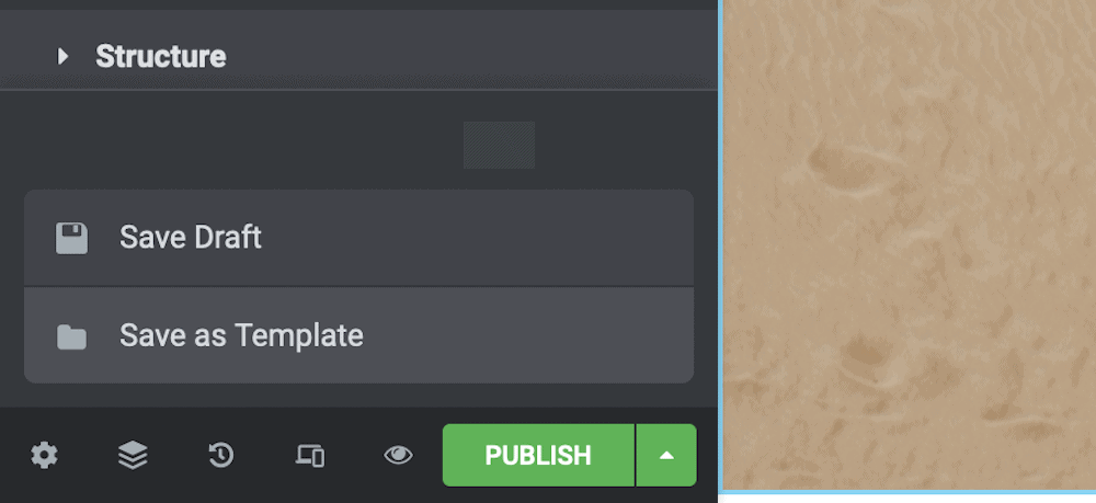 Expanding Elementor's Publish menu.