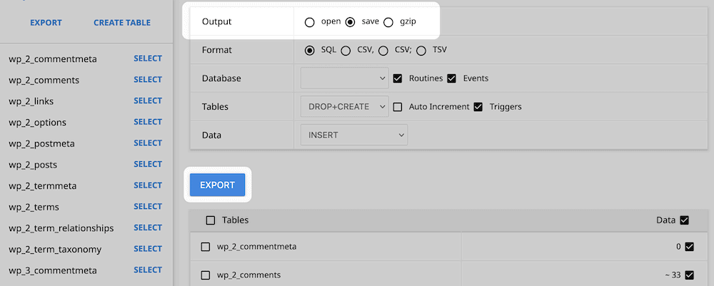 The Export database screen.