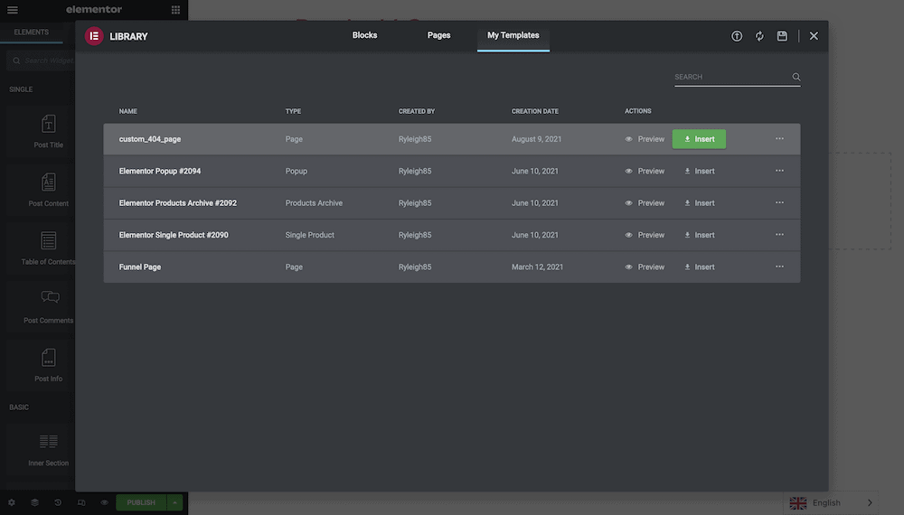 Choosing a page as a new template in Elementor.