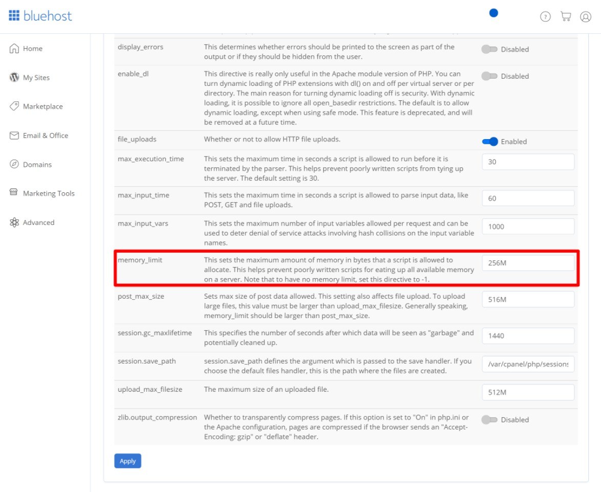 Change memory limit php.ini