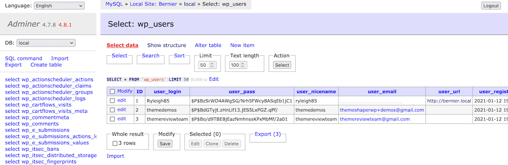 A list of users in Adminer.