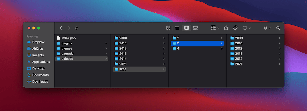 A folder structure, showing the path to media uploads.