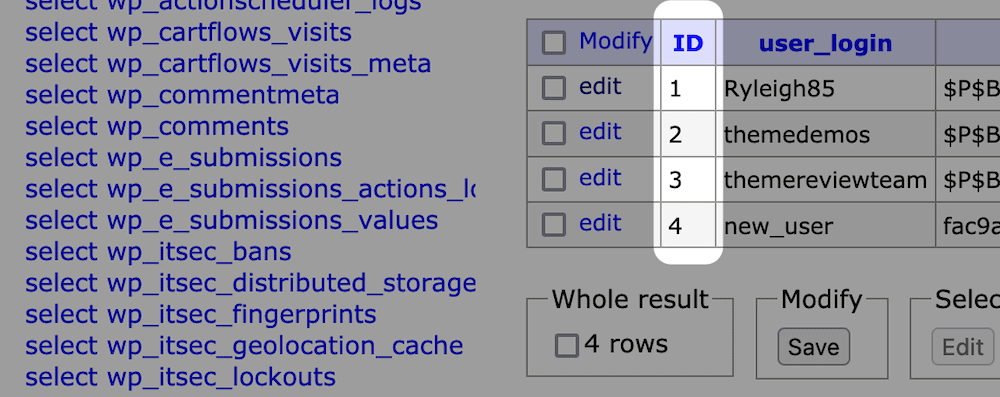 The ID column in Adminer.