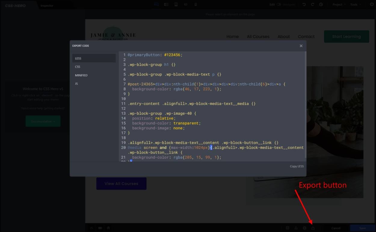 CSS Hero export code