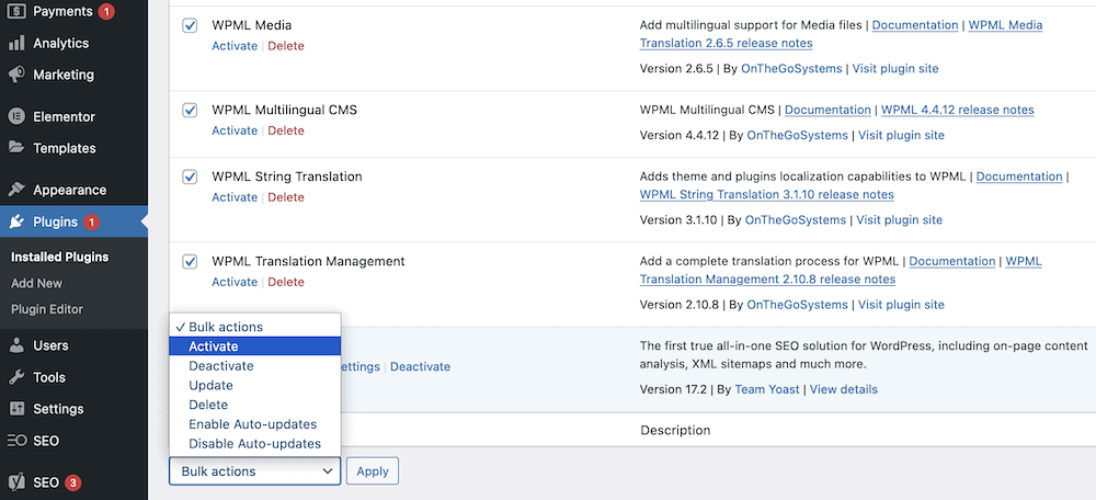 Activating WPMLs plugins.