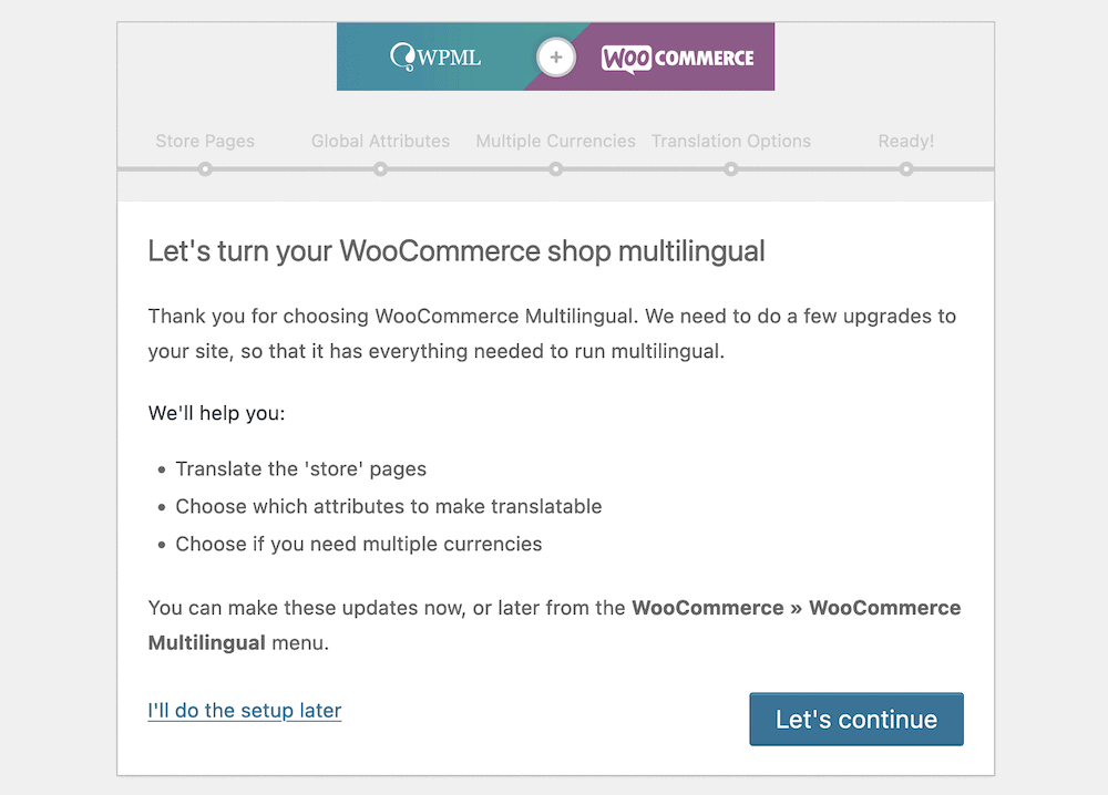 The WooCommerce Multilingual setup wizard.