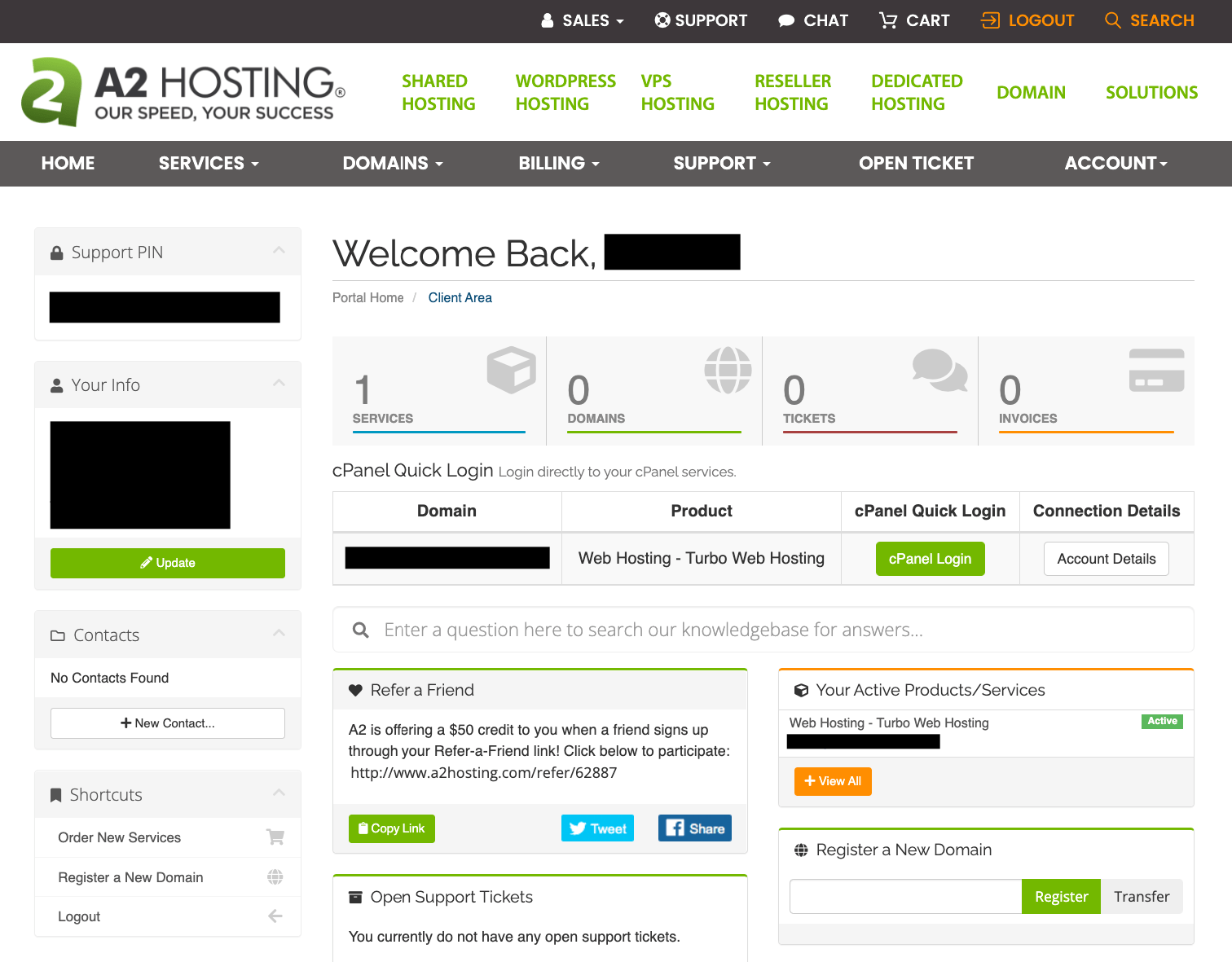 A2 Hosting dashboard