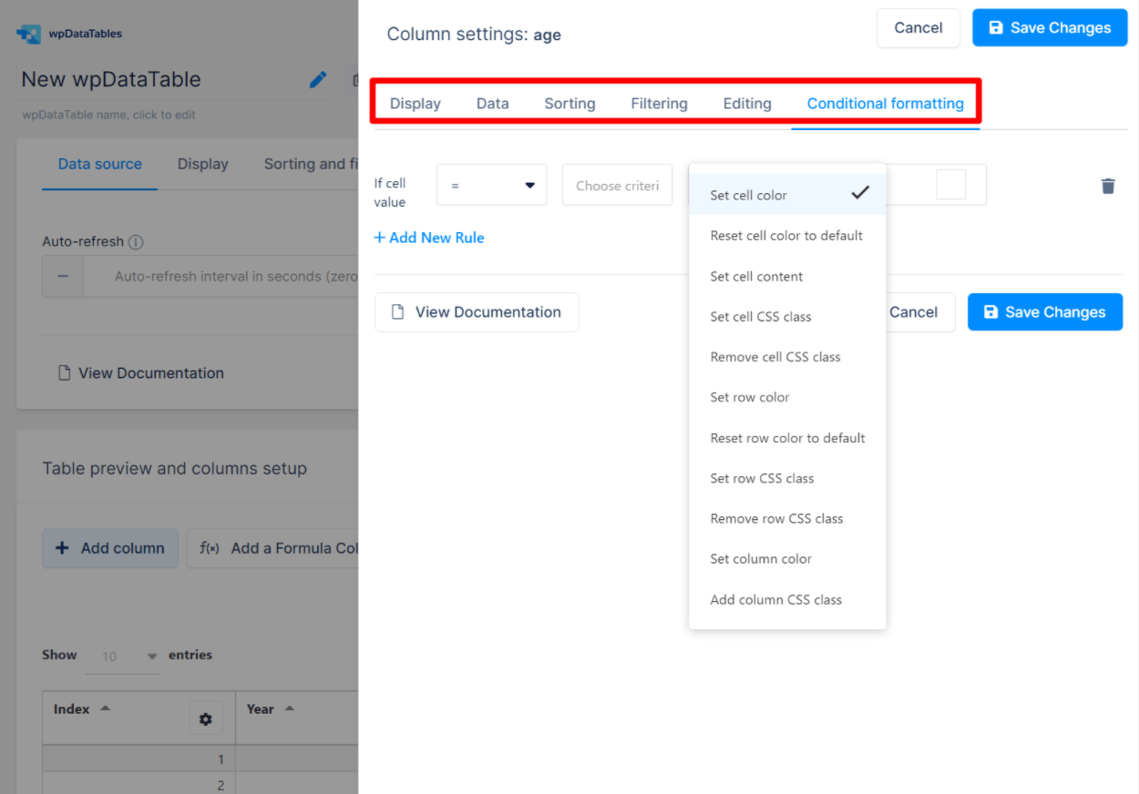 wpDataTables column settings