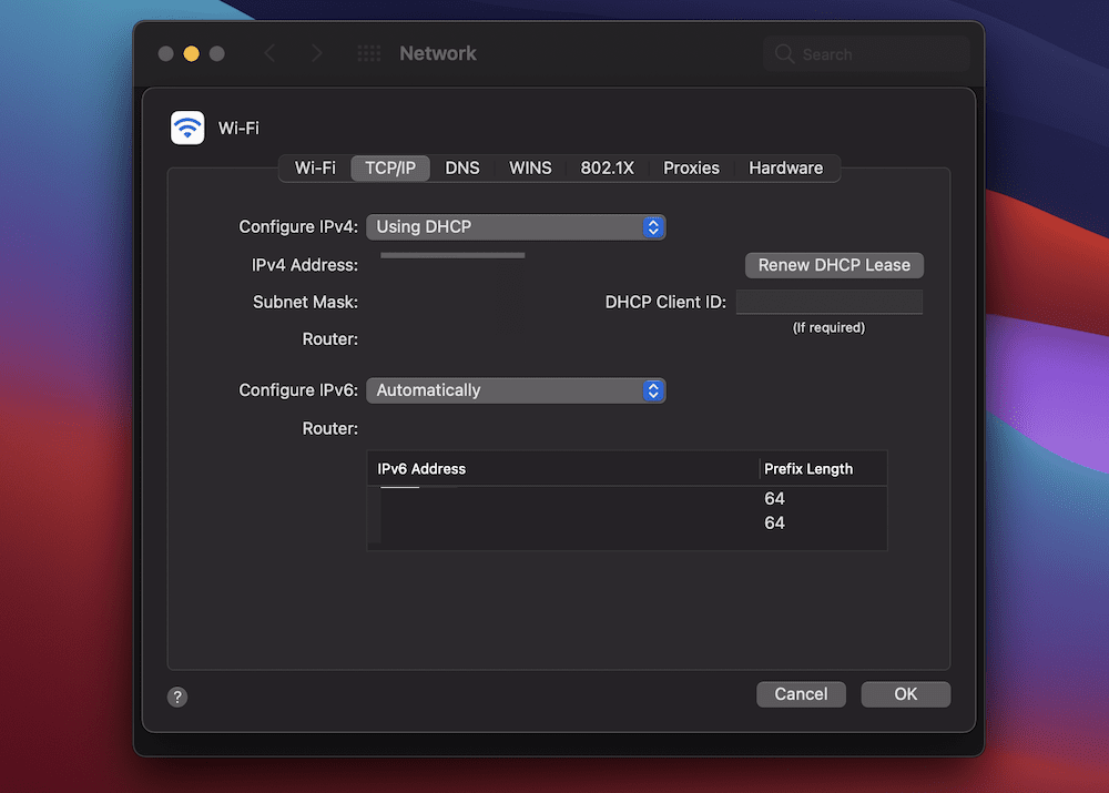 The TCP/IP screen within the Network page.