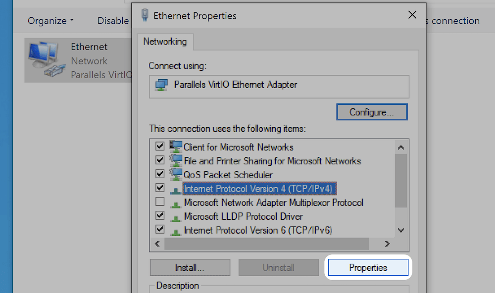 Choosing the Properties link for the TCP/IPv4 protocol.