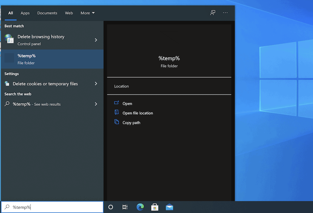 Find the Windows Temp folder using the search functionality.
