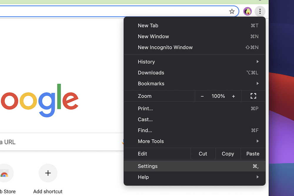 The Chrome Settings link.